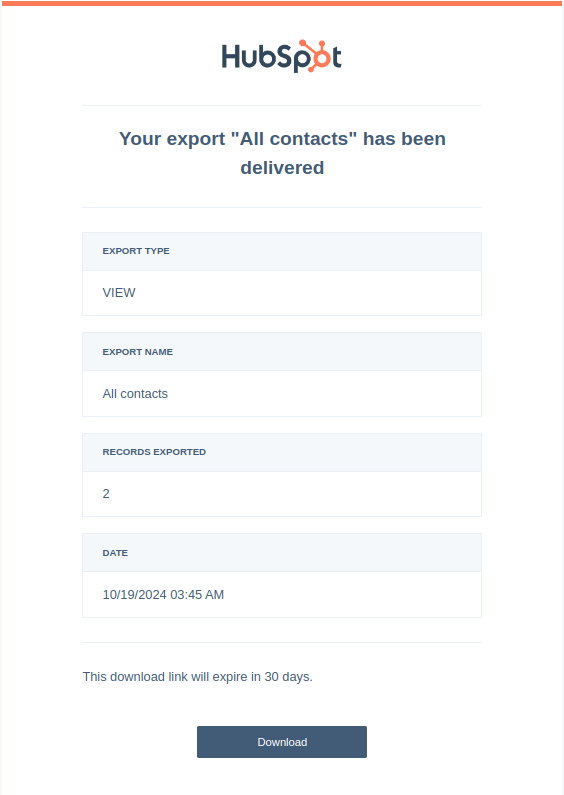 The email recieved after hubspot has finished exporting