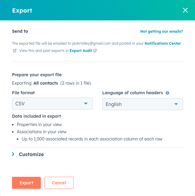 The hubspot export screen