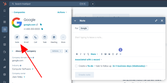 A picture showing how to add a note to a company