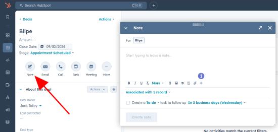 A picture showing how to add a note to a deal