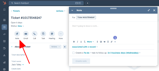 A picture showing how to add a note to a ticket