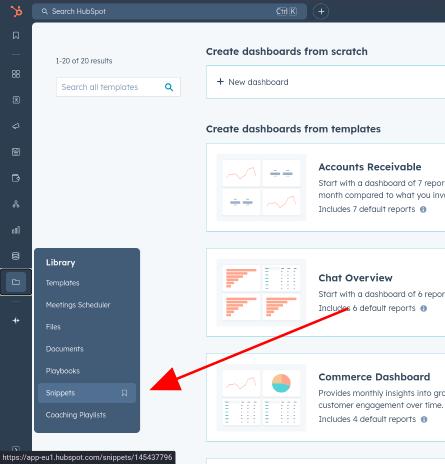 A picture showing how to find the Snippets in the sidebar, by following Library then Sidebar